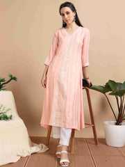 Peach Rayon Embroidered A-Line Kurti